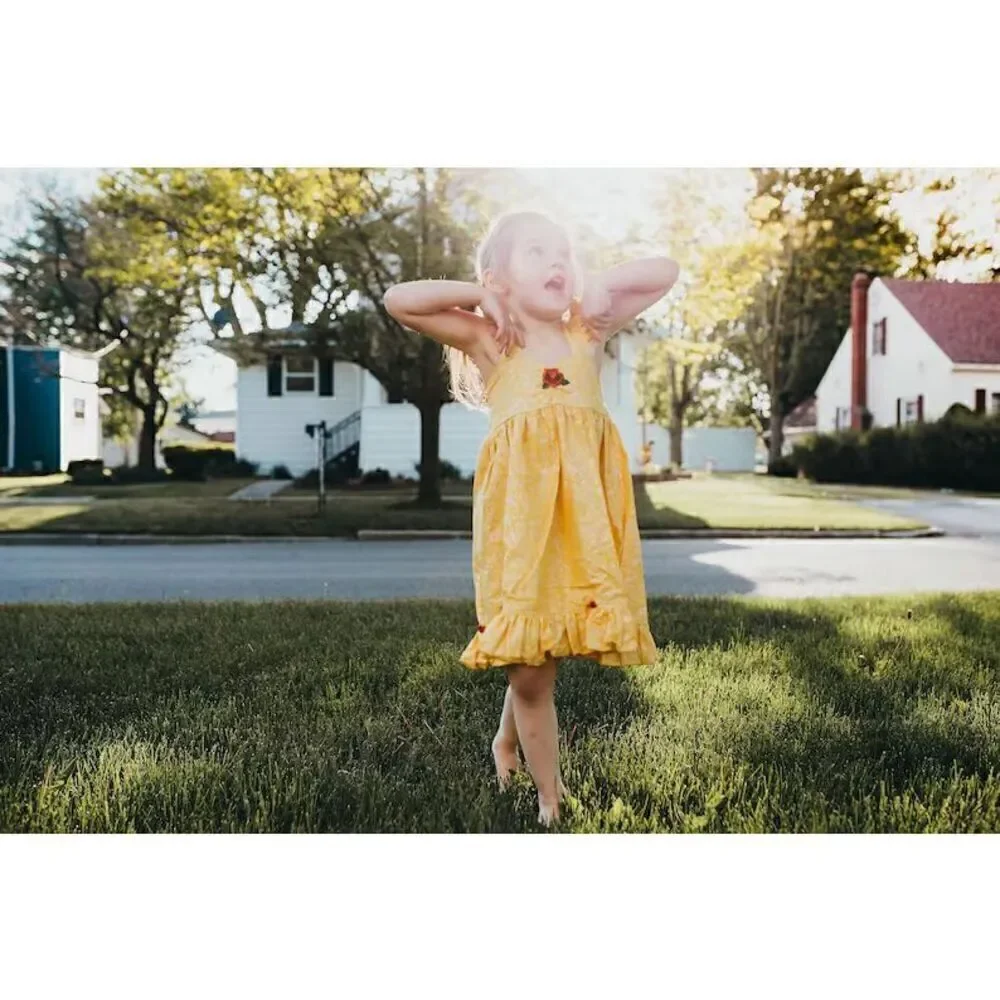 Handmade Boutique Childs Belle Yellow Marbled Sweetheart Bodice Embroidered Rose